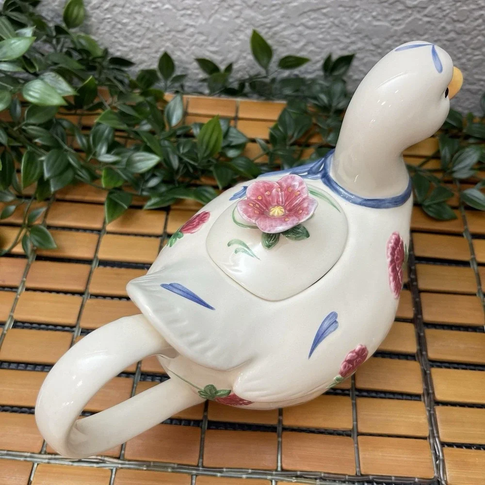 Vintage Lenox Poppies on Blue Barnyard Duck Teapot 1998 Retired Cottagecore 6.5